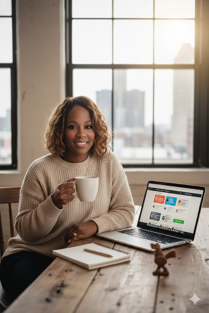 Andrea Beauford - Founder workspace with laptop and coffee